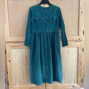 Herman Geist vintage green corduroy button front modest long sleeve midi dress